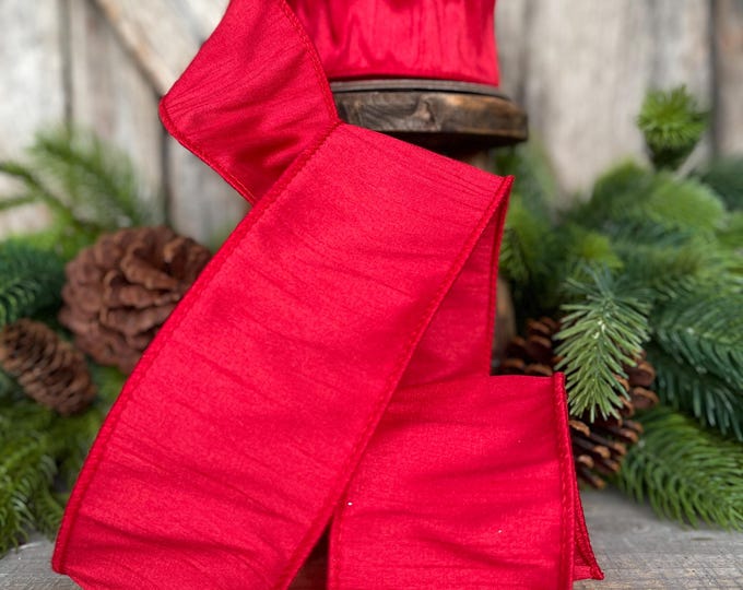 2.5" Red Dupion Ribbon, Red Ribbon, Christmas Ribbon, Wide Ribbon, Wreath Supply