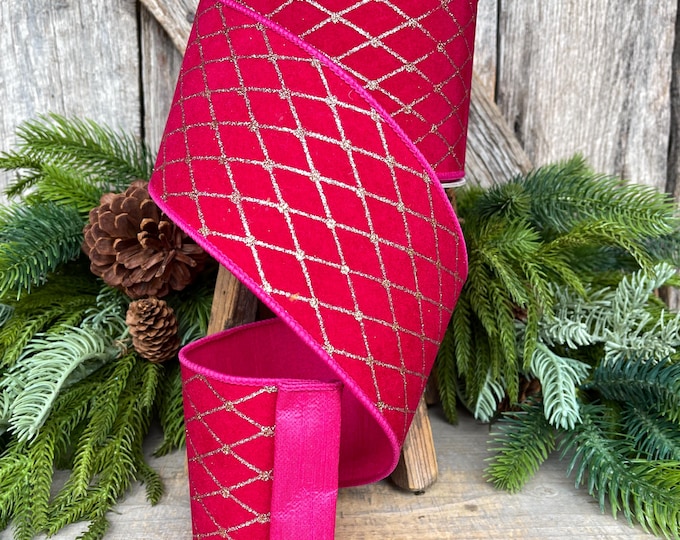 4" Hot Pink Velvet Diamonds Ribbon, Farrisilk Ribbon, Christmas RIbbon, RK852-15