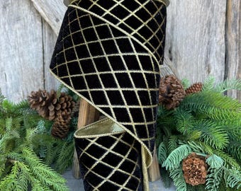 4" Black Gold Metallic Diamonds Velvet Ribbon, Farrisilk Ribbon, Black Velvet, Christmas Tree Ribbon, Wired Ribbon, RG454-92