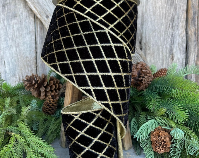 4" Black Gold Metallic Diamonds Velvet Ribbon, Farrisilk Ribbon, Black Velvet, Christmas Tree Ribbon, Wired Ribbon, RG454-92