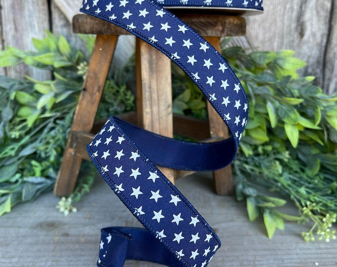 1" Blue Stars Wired RIbbon, Farrisilk Ribbon, Designer Ribbon, Patriotic Ribbon, Americana Ribbon, Wired Ribbon, Navy blue Ribbon, RS083-05