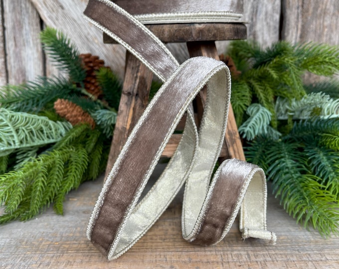 1" Platinum Velvet Sheen Ribbon, Farrisilk Ribbon, Wired Ribbon, Platinum Velvet Ribbon, Champagne Gold Velvet, Christmas Ribbon, RK466-51