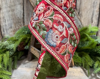 4" Burgundy Embroidered Ribbon, Farrisilk Freya Flower Ribbon, Designer Christmas Ribbon