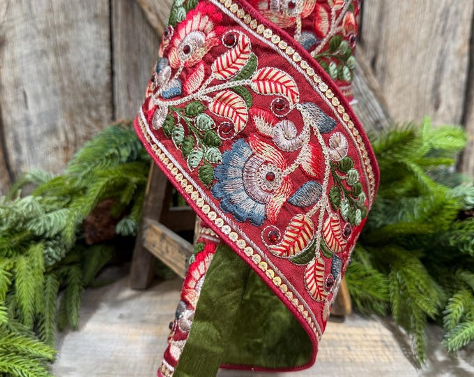 4" Burgundy Embroidered Ribbon, Farrisilk Freya Flower Ribbon, Designer Christmas Ribbon