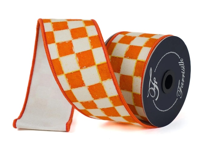 2.5" Orange Gallery Checker Ribbon, Wired Ribbon, Farrisilk Ribbon, Orange White Check Ribbon, SR008-52