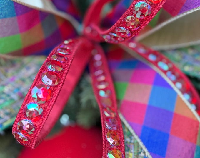 3/4" Red Jeweled Ribbon, Farrisilk Red Aurora Gem Ribbon
