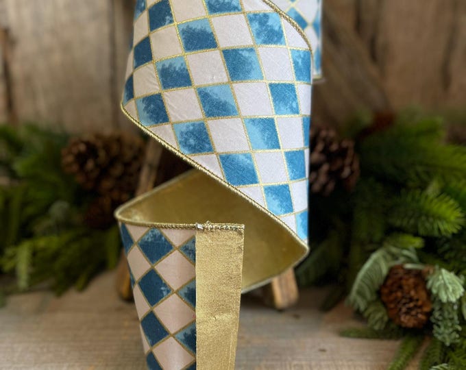 4" Harlequin ribbon, Blue and White Jester Ribbon, Harlequin RIbbon, Wired RIbbon, Blue white gold ribbon,Christmas Tree Ribbon