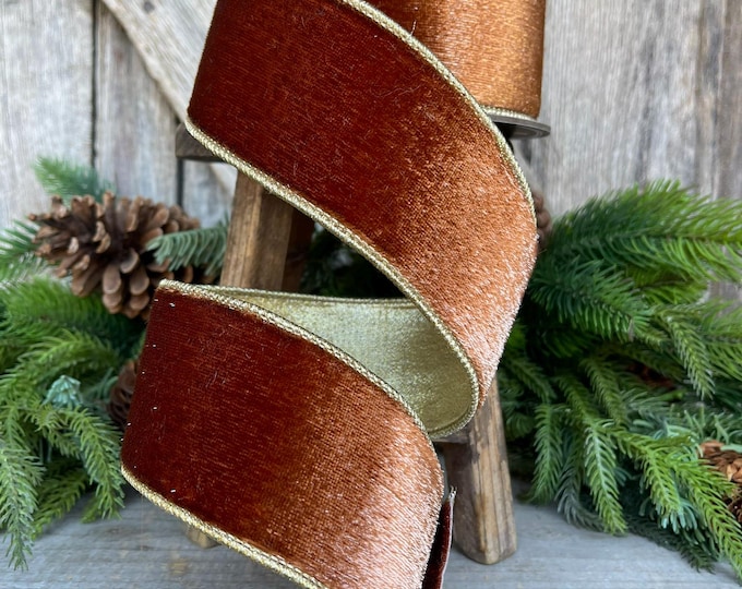 2.5” Bronze Wired Velvet Ribbon, 5 yards, Wired ribbon, Woodsy ribbon, Christmas ribbon, wired ribbon, designer ribbon, wreath supply