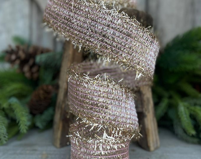 2" Pink Twinkle Tinsel Trim Ribbon, Farrisilk Ribbon, Christmas RIbbon, Light Pink Ribbon, RS135-14, Rose Gold Ribbon