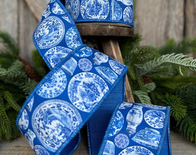 2.5" Blue Chinoiserie Ribbon, Blue and White Chinoiserie Ribbon, Wired RIbbon, Designer RIbbon,, Wreath Supply, 94526W-121-40F