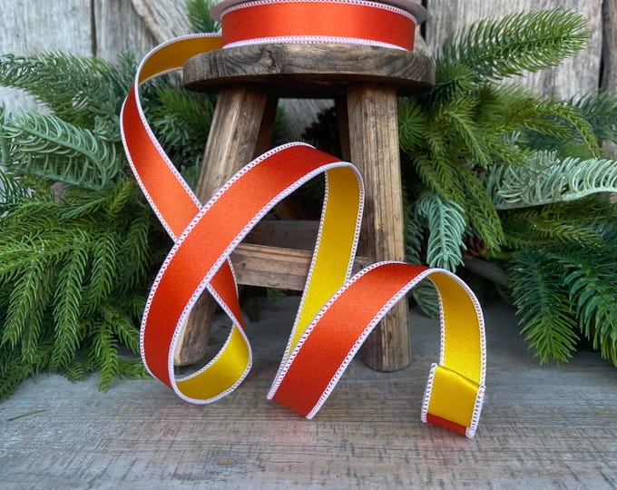 1" Orange Yellow Satin Ribbon, Farrisilk Ribbon, Candy Corn Ribbon,Wired Ribbon, RIbbon, Halloween Ribbon, Orange Yellow Satin Duo, RS162-32