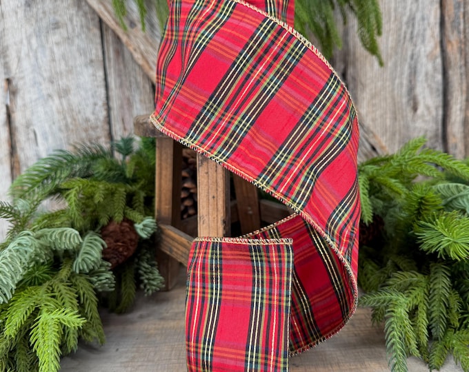 4” Red Metallic Plaid Wired Ribbon, Christmas Tartan, 10 Yard Roll