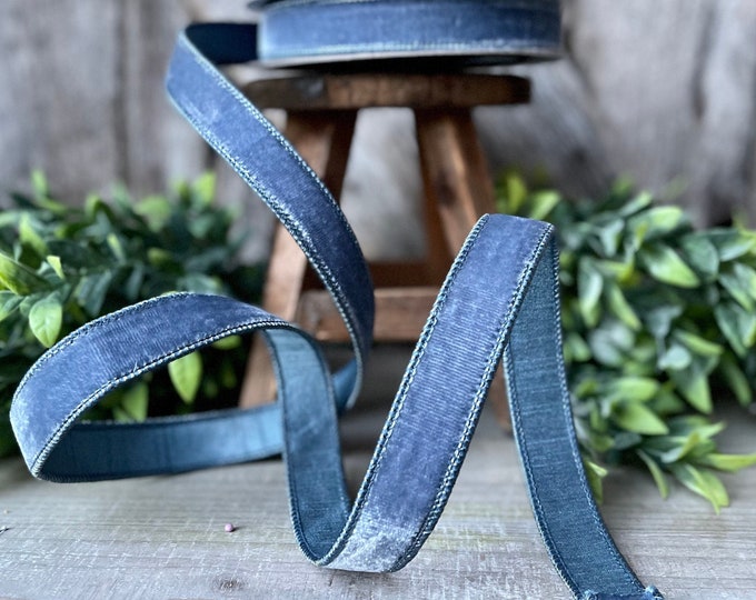 1" steel Blue Velvet Ribbon, Farrisilk Wired Velvet Ribbon, spring Velvet Ribbon, Steel Blue Velvet Ribbon, Muted Blue Velvet Ribbon
