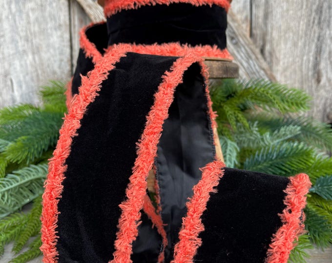 Black Velvet Halloween Ribbon: Orange Fuzzy Edge, Wired - 2.5"