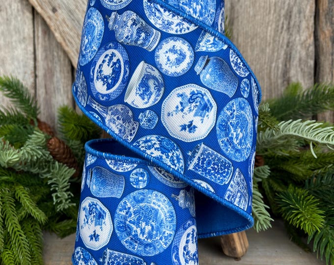 4" Blue Chinoiserie Ribbon, Blue and White Chinoiserie Ribbon, Wired RIbbon, Designer RIbbon,, Wreath Supply, 94526W-121-10F