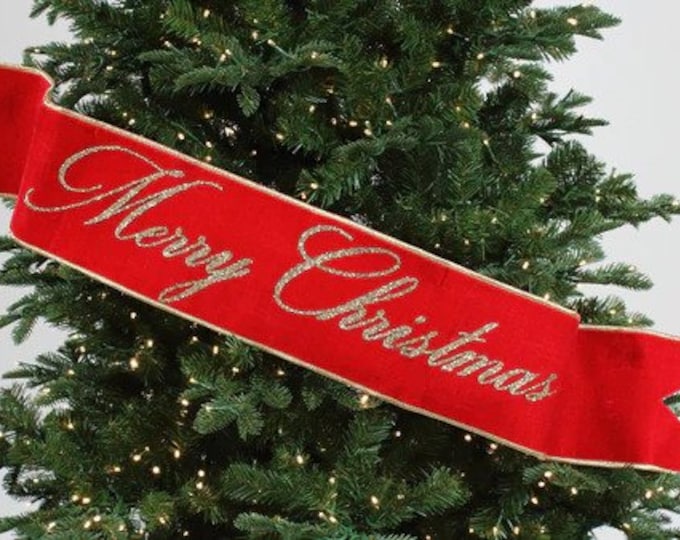 Merry Christmas Banner, Christmas Tree Banner, Red Velvet Banner for Tree, Red Christmas Banner, Red and Gold Banner for Tree