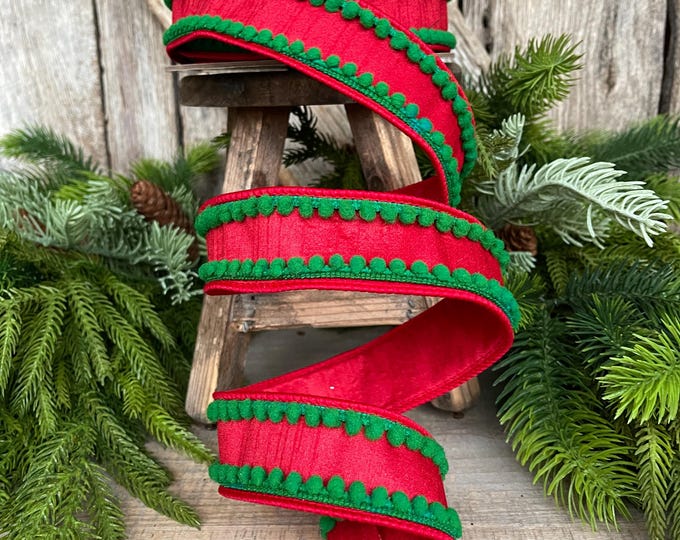 1.5" Christmas Ribbon, Wired Ribbon, Pom Pom Ribbon, Christmas Pom Pom Ribbon, Christmas Decor, Red Green Ribbon, 94596W-985-09D