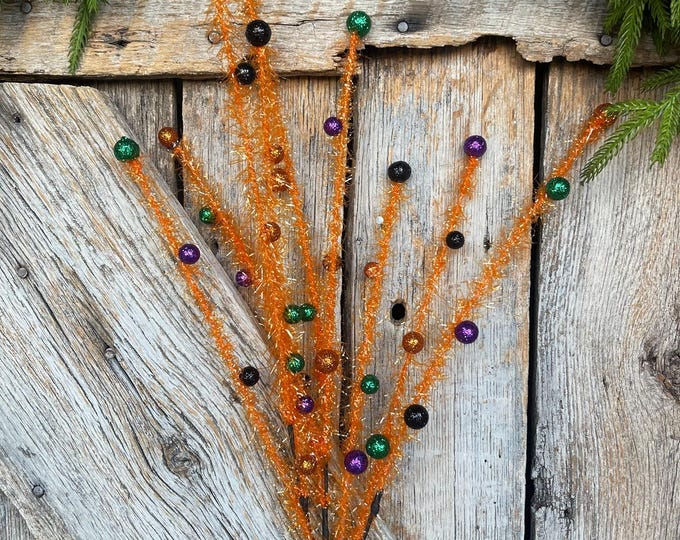 31" Orange Halloween Tinsel Spray, Halloween Picks and Stems, Orange Floral Spray, Halloween Decor, Wreath supply, floral supply, 57143HAL