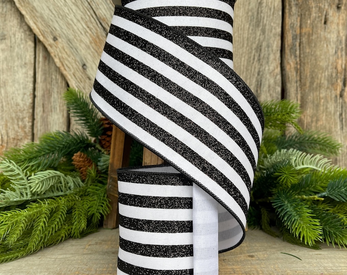 4" Black and White Glitter Stripe Ribbon, Farrisilk Ribbon, Ribbon for Christmas Tree, Glitter Thin Stripes, Christmas Tree Ribbon