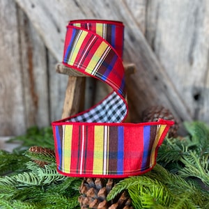 2.5&quot; Nutcracker plaid ribbon, Farrisilk ribbon,  Christmas ribbon, Christmas plaid ribbon,, wired ribbon, Plaid Check Ribbon, RK139-32