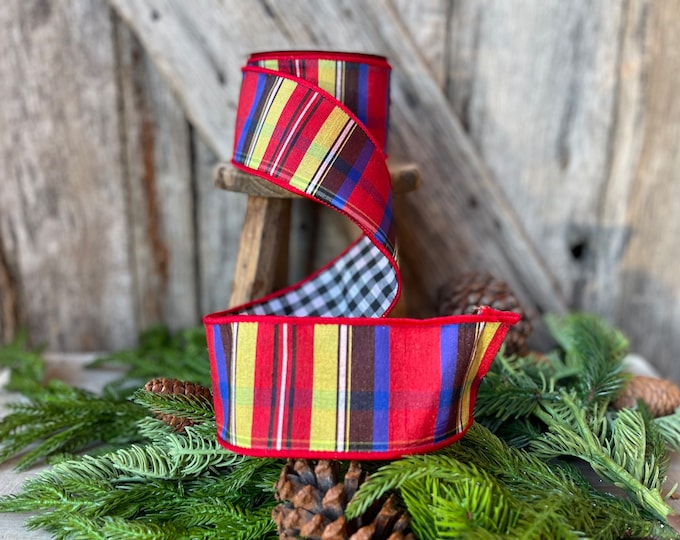 2.5" Nutcracker plaid ribbon, Farrisilk ribbon,  Christmas ribbon, Christmas plaid ribbon,, wired ribbon, Plaid Check Ribbon, RK139-32