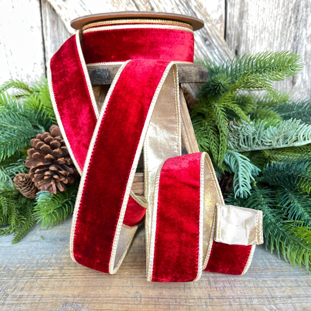 Red Rvelvet Ribbon Red & Gold Velvet Wired Ribbon, Red Christmas Ribbon, 1.5