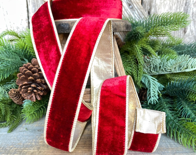 Red & Gold Velvet Wired Ribbon, Red Christmas Ribbon, 1.5" x 10 Yards