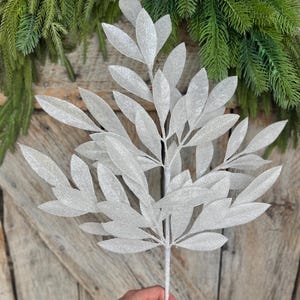 23&quot; White Bay Leaf Glitter Spray, White Leaf Spray, Christmas Leaf Spray, XS237027, White Christmas Tree Decor, White Greenery