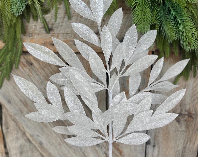 23" White Bay Leaf Glitter Spray, White Leaf Spray, Christmas Leaf Spray, XS237027, White Christmas Tree Decor, White Greenery
