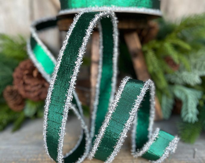 1" Emerald Green & Silver Tinsel Ribbon, Christmas Ribbon, Farrisilk ribbon, 1" x 10 yards
