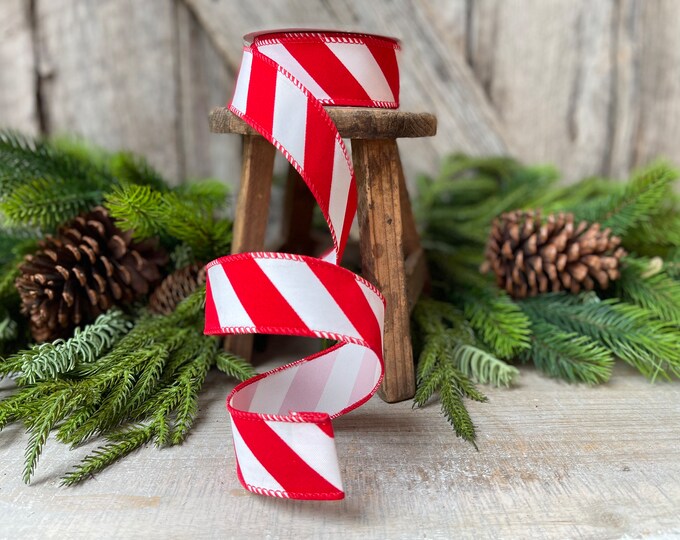 1.5" Red and White Diagonal Stripe Ribbon, Ribbon with wire, Christmas Ribbon
