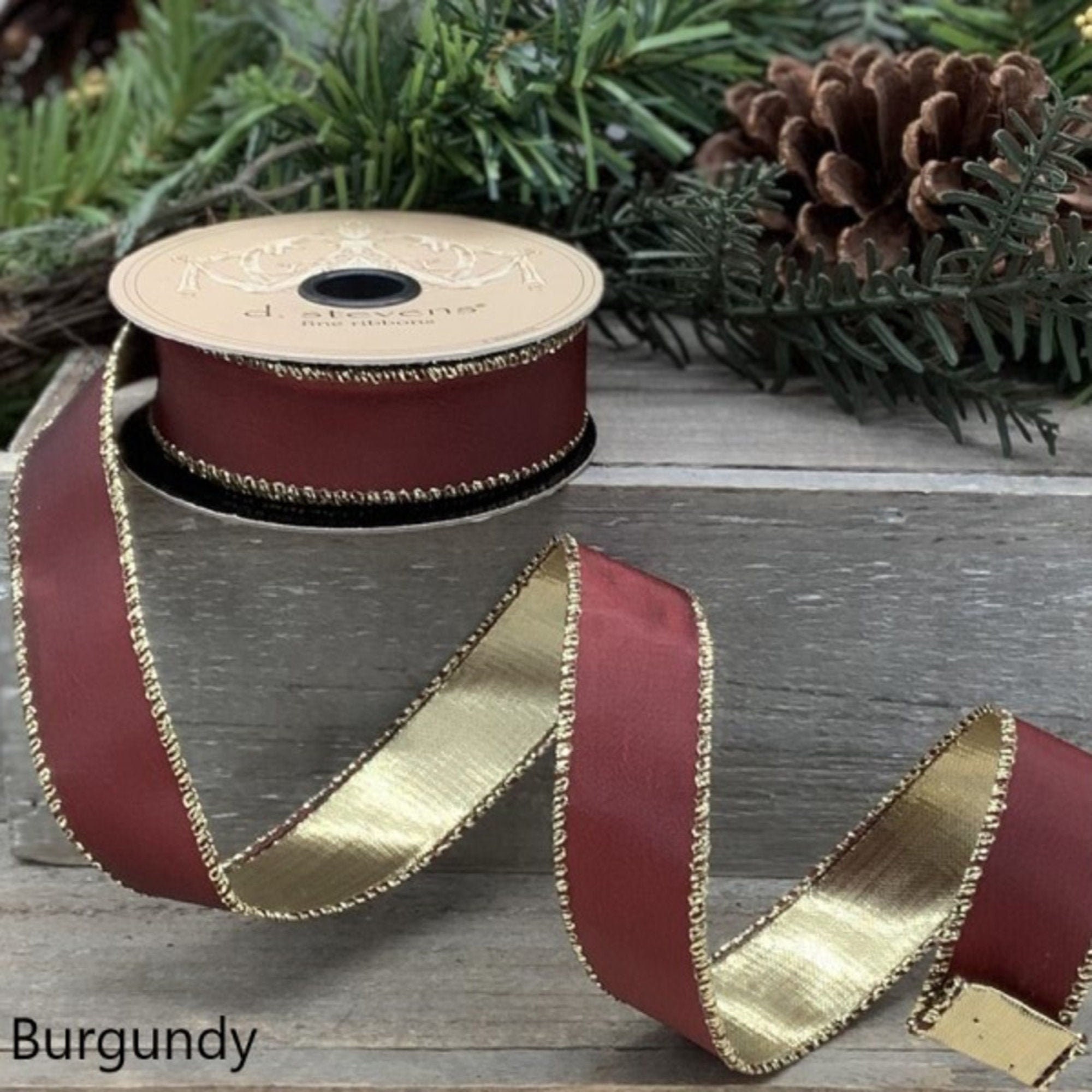 1 Burgundy and Gold Taffeta Wired Ribbon, D Stevens Ribbon, Burgundy Ribbon,  Burgundy and Gold Ribbon, Narrow Ribbon, Burgundy Wired Ribbon