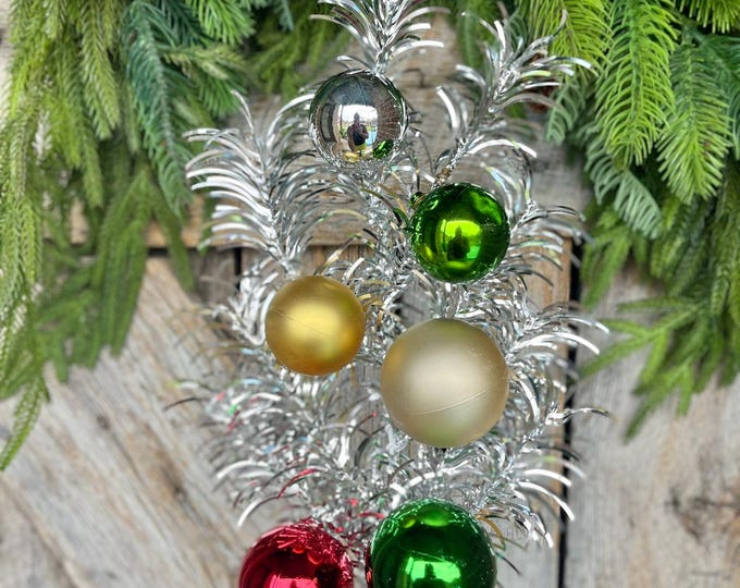 24" Silver Tinsel Spray, Ornament Spray, Vintage Christmas Spray, Retro Christmas Spray, Silver Christmas Pine Spray, 84586