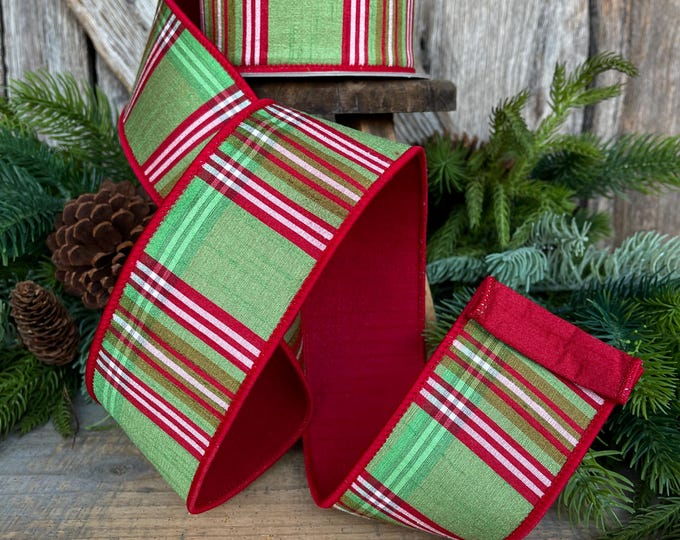 2.5" Red Green Plaid Ribbon, Christmas Tree Ribbon