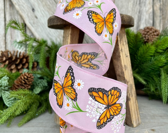 2.5" Pink Butterfly wired ribbon, Butterfly Ribbon, Wired Ribbon, Spring Ribbon, Summer Ribbon