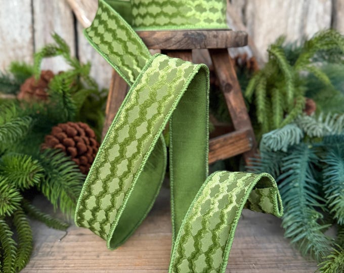 1.5" Forest Green Velvet Ribbon, Farrisilk Ribbon, Christmas Ribbon, Geometric Pattern Ribbon, RS305-45