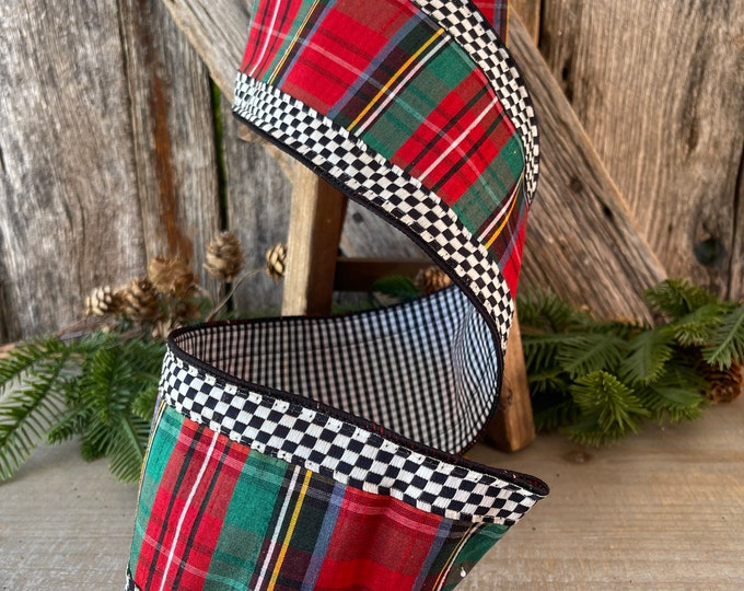 Christmas Plaid mini check plaid, Farrisilk ribbon, 4 inch ribbon, Christmas Tree ribbon, wired ribbon, luxury ribbon, black white check