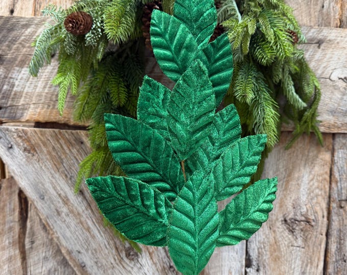 25" Emerald Green Velvet Leaf spray, Christmas Spray