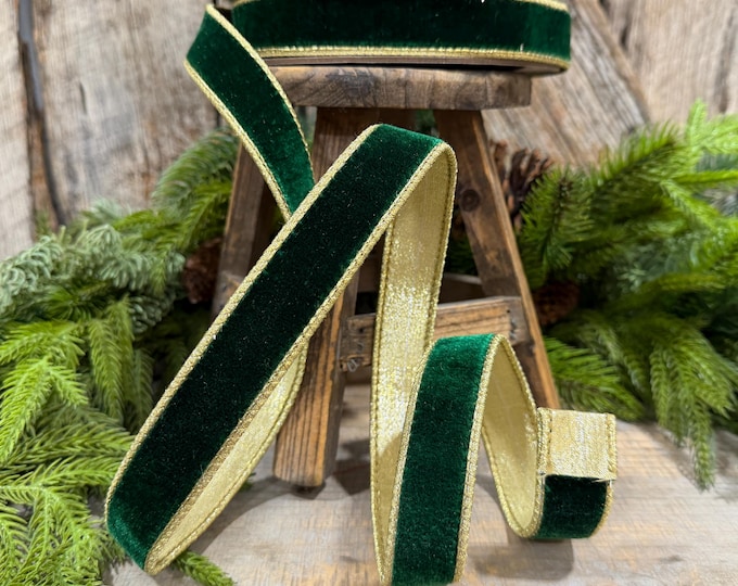 1" Emerald and Gold Velvet Ribbon, Flashy Green Velvet Ribbon, Farrisilk Velvet Ribbon