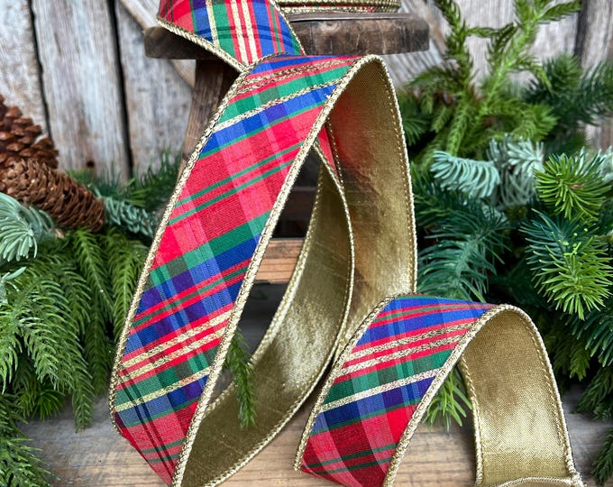 1.5" Christmas Plaid Ribbon, Red Blue Plaid Ribbon, Tartan Plaid Ribbon, Yuletide Plaid Ribbon