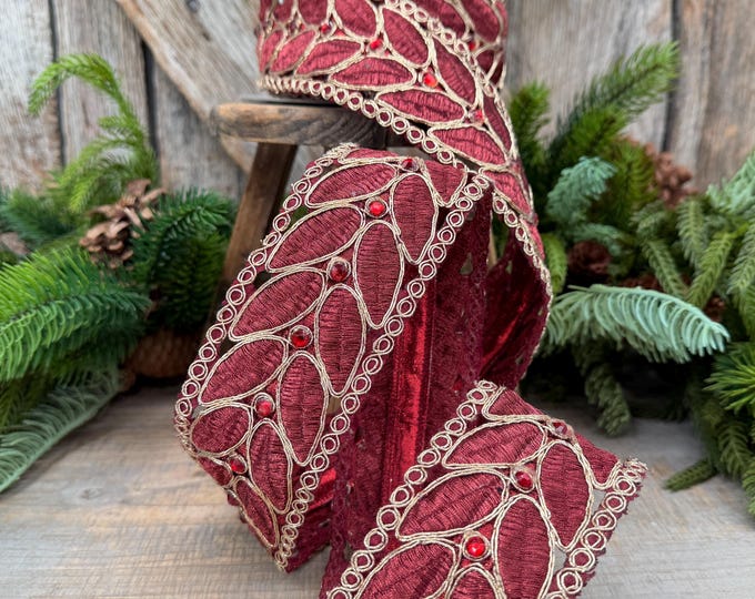 2.5" Burgundy Laurel Leaf Lace Ribbon, Gold Embroidered Christmas Ribbon with Red Jewels, 5 Yards