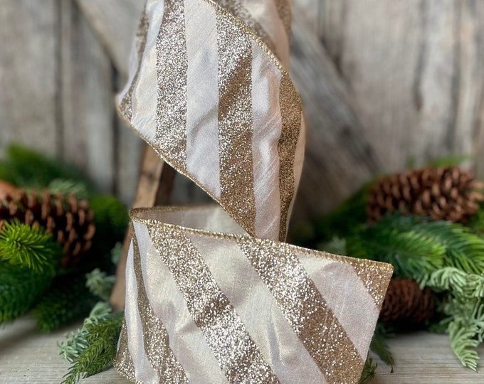 4" Platinum Diagonal Stripe Ribbon,  Champagne Gold 4 inch ribbon, christmas ribbon, luxury ribbon, Farrisilk ribbon, Christmas Tree Ribbon