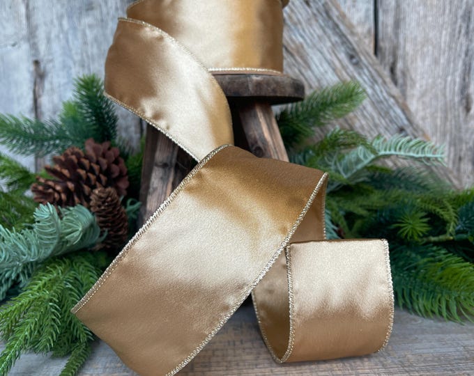 2.5" Gold Satin Ribbon, Christmas Ribbon, Shimmer Satin Ribbon, Wired Ribbon, Gold Ribbon