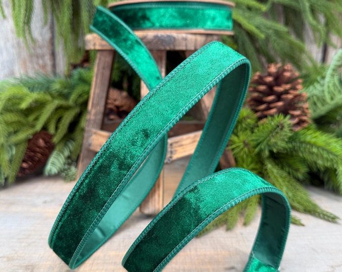 1" Emerald Green Velvet Ribbon, Wired RIbbon, Christmas RIbbon, Designer Ribbon, Ribbon for Christmas Tree