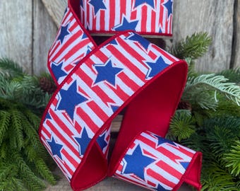 2.5" Patriotic Ribbon, Patriotic Wired Ribbon, Stars & Stripes Ribbon, 4th of July ribbon, Americana Decor, D Stevens RIbbon, 05-1582