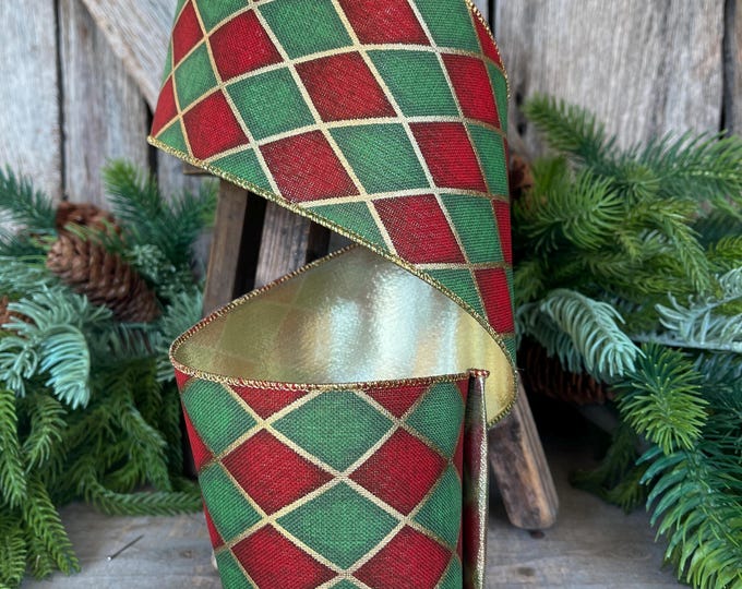4" Red Green Antique Diamonds Ribbon, Farrisilk Ribbon, Harlequin Ribbon, Christmas Ribbon, Wired RIbbon, Designer Ribbon, RA239-47