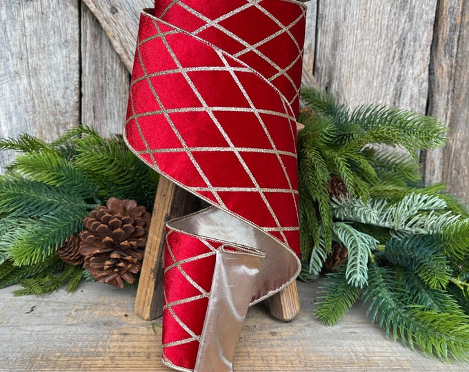 Red Velvet Wired Ribbon, Red Gold Lattice Ribbon Christmas Tree & Holiday Decor, 4" x 10yds