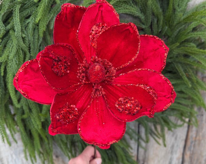 21" Red Velvet Magnolia, Christmas Magnolia, Faux Magnolia Stem, Glitz Magnolia, Red Christmas Floral, Christmas Tree Floral