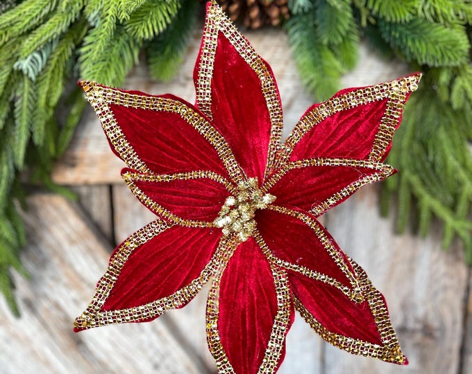 Red Velvet Poinsettia with Gold Trim - Christmas Tree Floral Decor