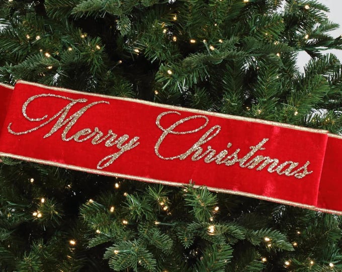 Merry Christmas Banner, Christmas Tree Banner, Red Velvet Banner for Tree, Red Christmas Banner, Red and Gold Banner for Tree